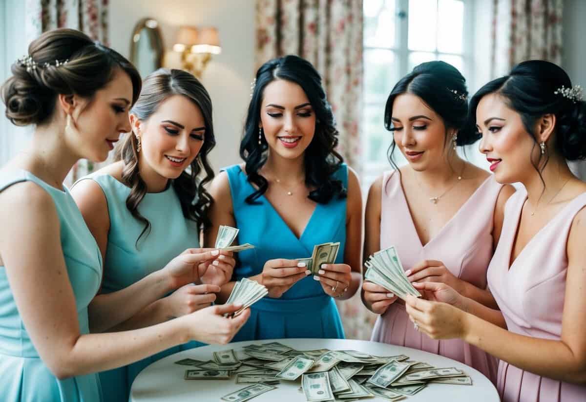A group of bridesmaids in the UK pooling their money together and discussing expenses for the upcoming wedding, including dresses, accessories, and travel costs