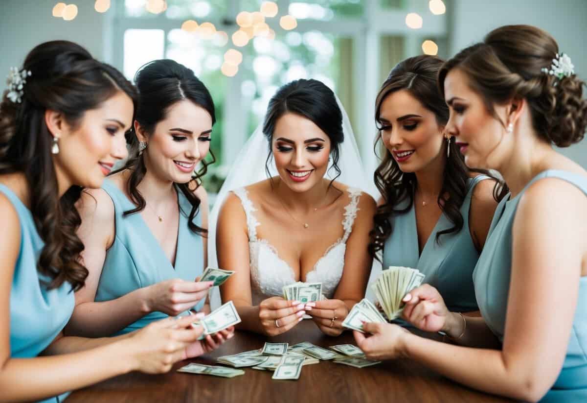 A group of bridesmaids pooling money together and discussing wedding expenses