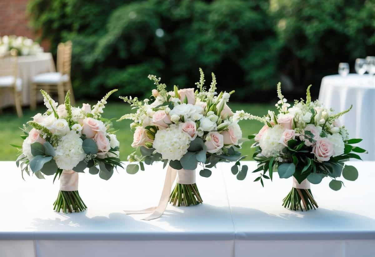 Three elegant bouquets arranged on a table, each with a different color scheme and style, ready for a wedding celebration