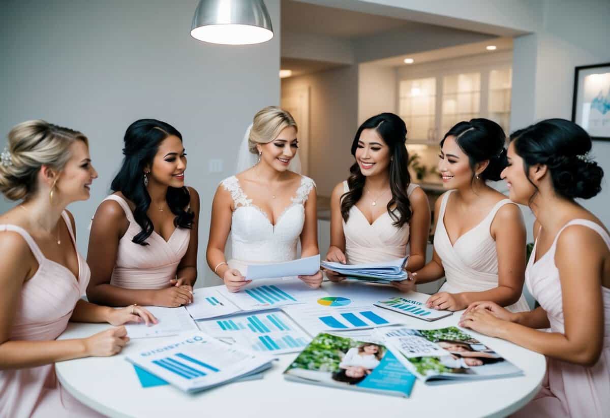 A group of bridesmaids discussing finances, with a budget spreadsheet and wedding magazines spread out on a table