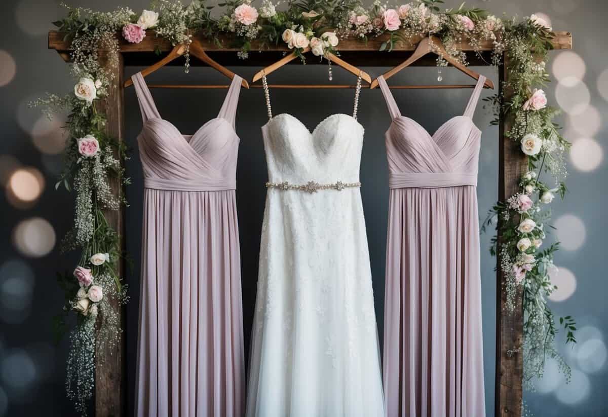 Three elegant bridesmaid dresses hanging on a rustic wooden rack, surrounded by delicate floral arrangements and sparkling jewelry