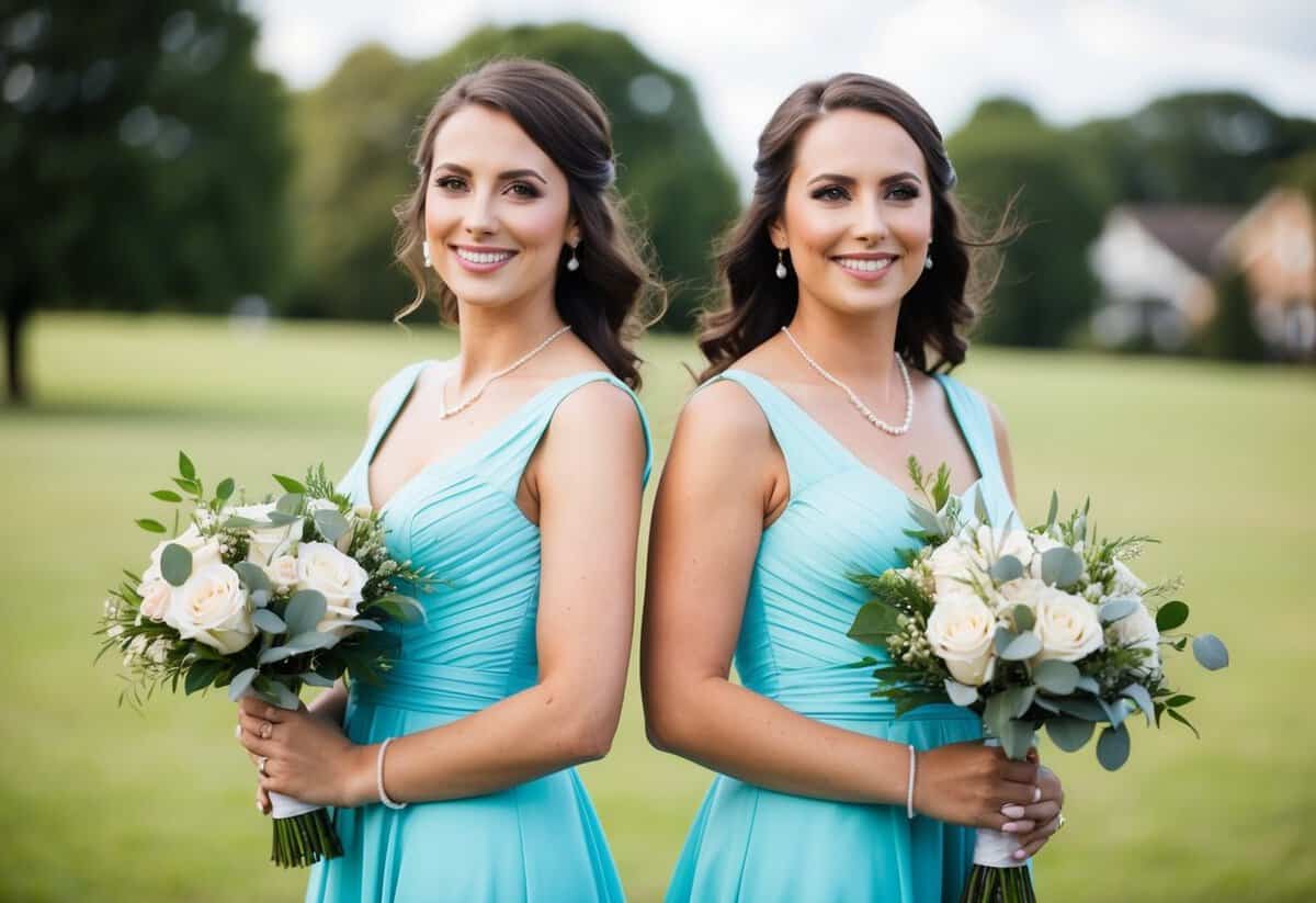 Two women stand side by side, both wearing matching dresses and holding bouquets. They smile as they look towards the camera
