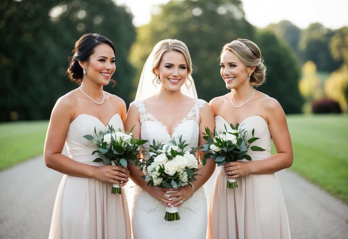 Two maid of honors standing side by side, holding bouquets and smiling as they support the bride