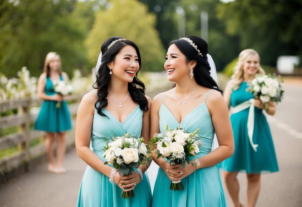Two maids of honor stand side by side, each holding a bouquet of flowers. They smile and chat with each other, radiating joy and support