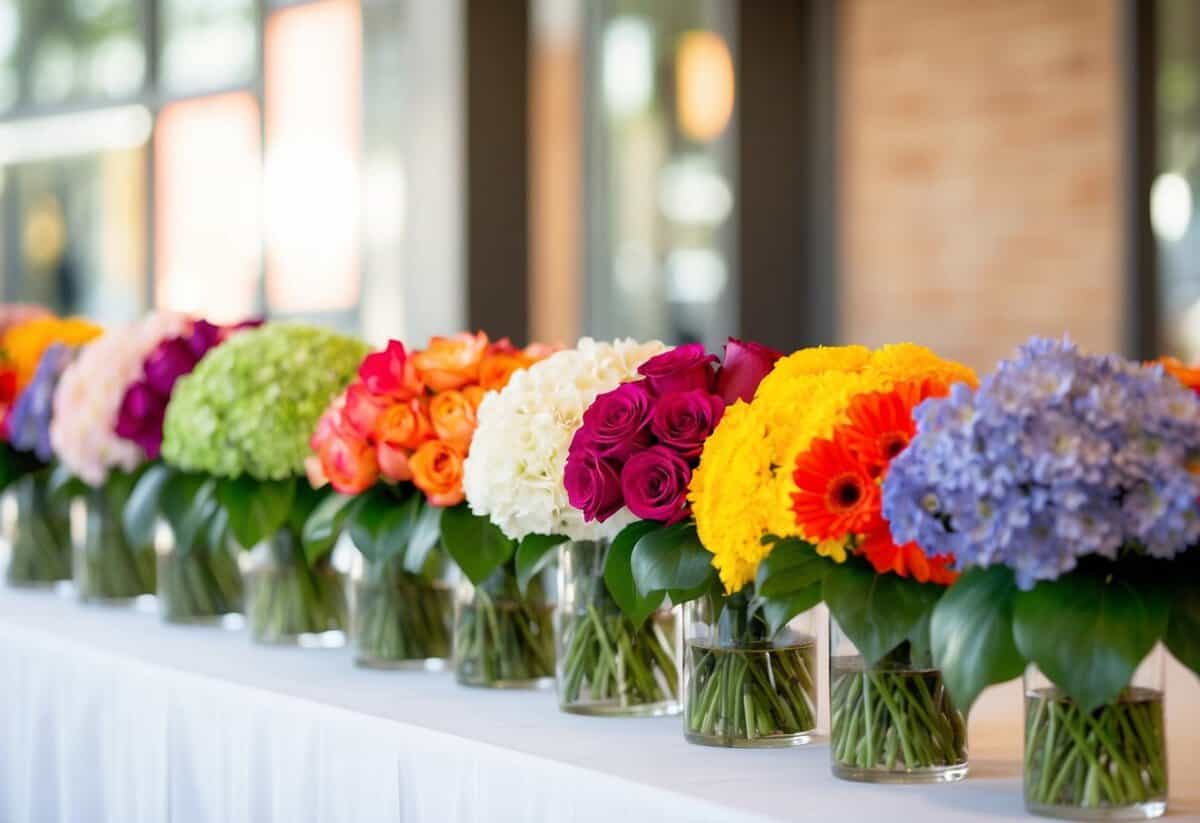 A row of colorful bouquets, half even, half odd, on a table