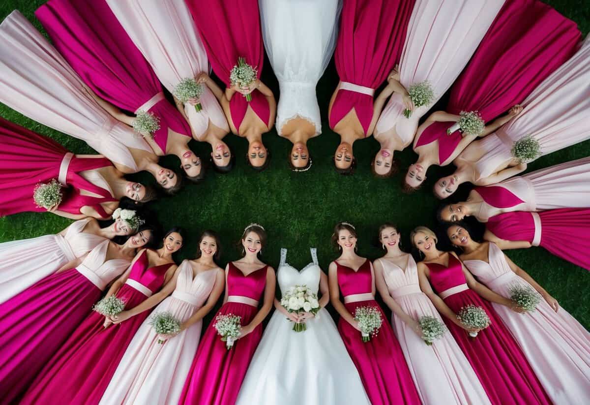 A group of bridesmaid dresses arranged in a symmetrical pattern, with an equal number on each side, creating a balanced and harmonious composition