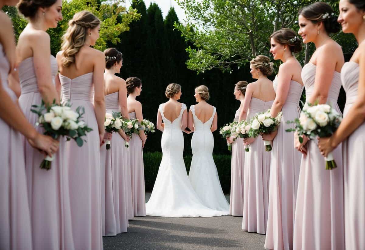 A line of bridesmaids stand in pairs, facing each other, creating a symmetrical formation. The odd number of bridesmaids creates a balanced and visually appealing scene for the wedding ceremony