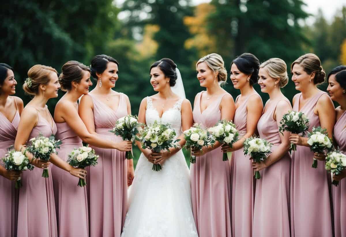 A group of bridesmaids standing together in a circle, some holding hands, representing the concept of a support system