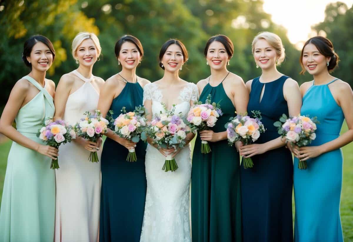 A group of six elegantly dressed figures stand in a row, each holding a bouquet of flowers and smiling joyfully