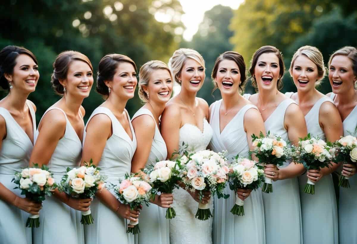 A group of bridesmaids standing in a row, holding bouquets and smiling, with a sense of joy and unity