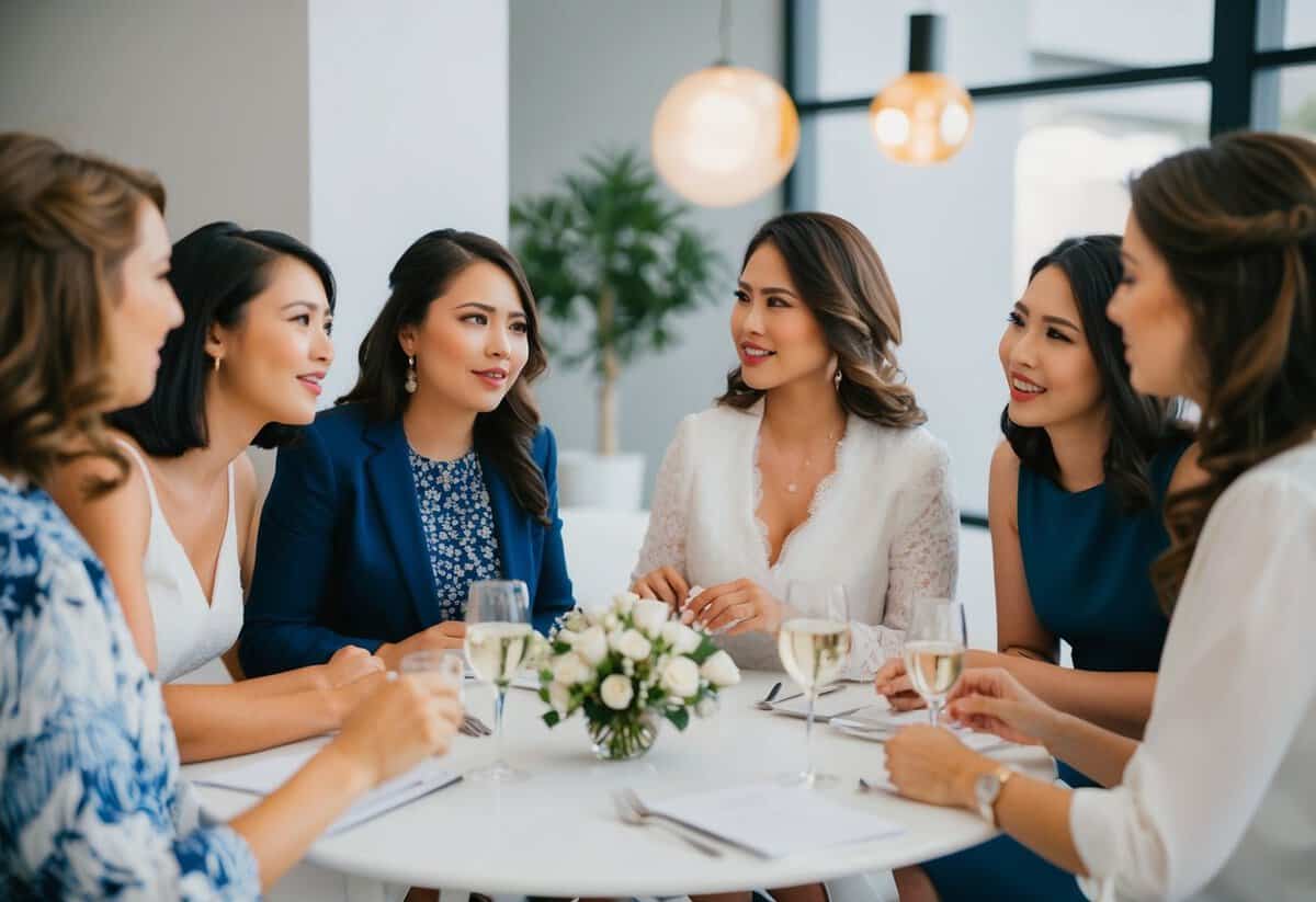 A group of women gathered around a table, discussing wedding plans. One woman hesitantly asks the others about the timing of asking bridesmaids to be part of the wedding party
