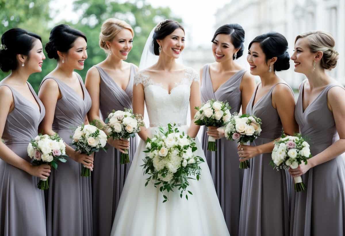 A bride stands surrounded by six elegantly dressed bridesmaids, each holding a bouquet and smiling. They are discussing wedding plans and admiring their matching dresses