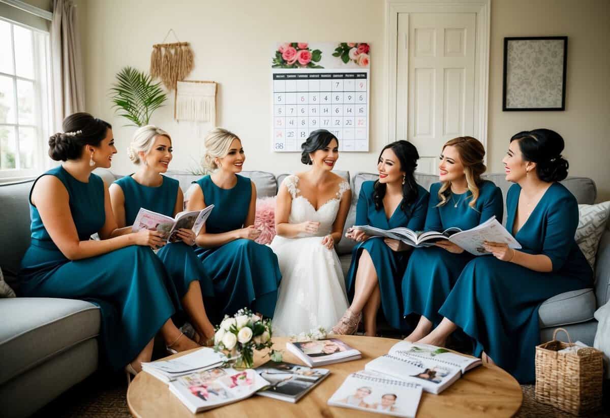 A group of bridesmaids chatting in a cozy living room, surrounded by wedding magazines and a calendar, discussing the timing of asking bridesmaids