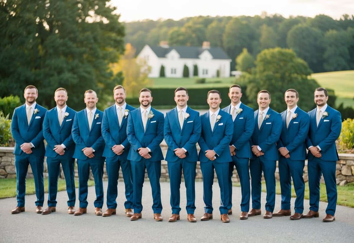 A group of 12 groomsmen standing in a row, wearing matching suits and holding bouquets, with a picturesque outdoor setting in the background