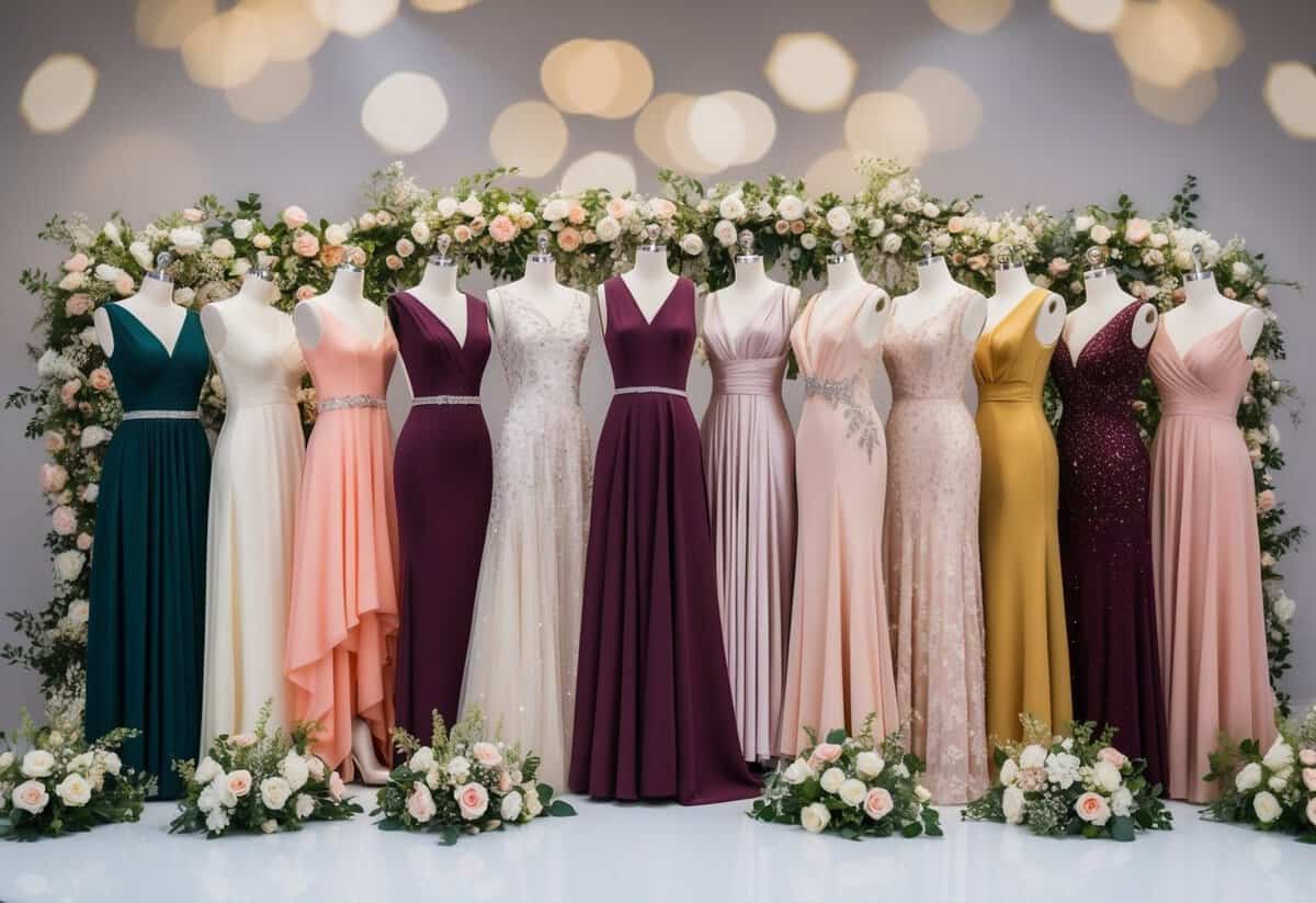 A group of 15 elegant dresses in varying styles and colors arranged in a stunning display, surrounded by delicate floral arrangements and sparkling accessories