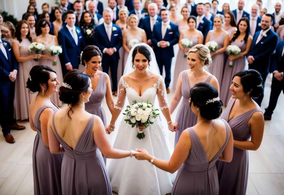 A bride surrounded by a group of bridesmaids, all holding hands and standing in a circle, with 200 guests in the background