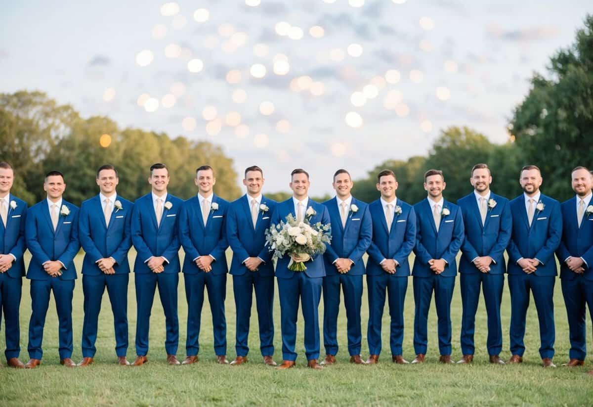 A line of 12 groomsmen standing in a row, each wearing matching suits and holding a bouquet of flowers
