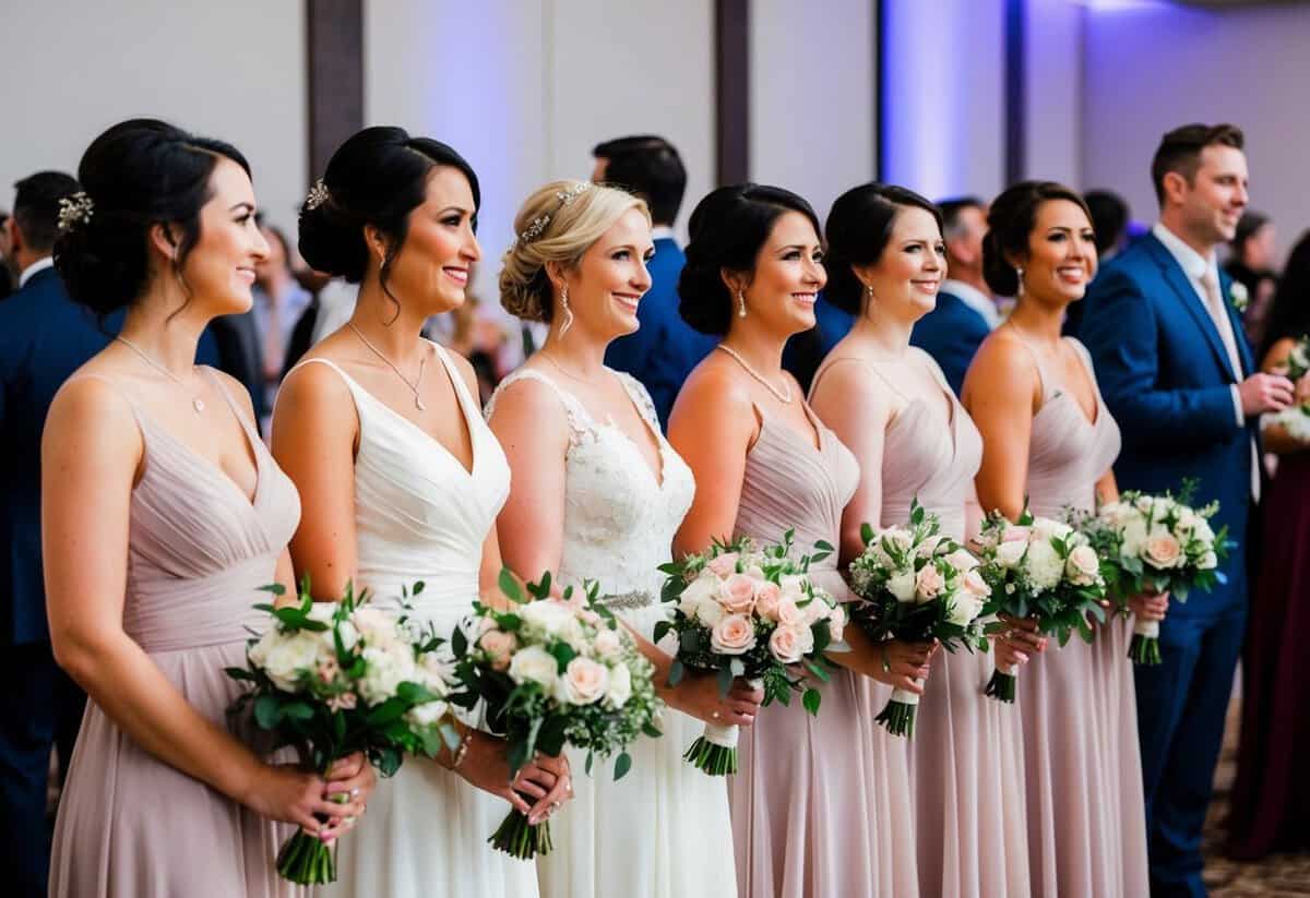 A group of bridesmaids standing in a line, holding bouquets, while guests mingle in the background at a wedding reception for 200 people