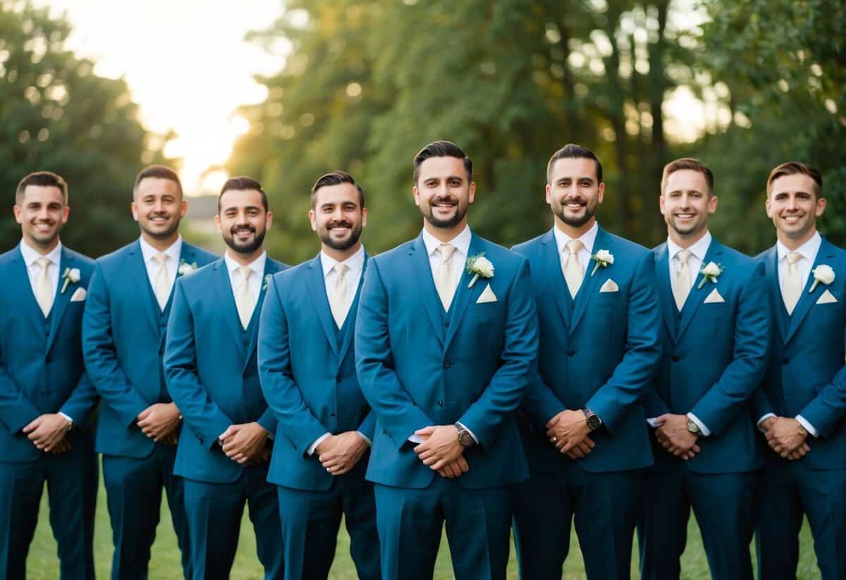 A group of twelve groomsmen standing in a row, each wearing a matching suit and tie, with a sense of camaraderie and anticipation for the wedding ceremony