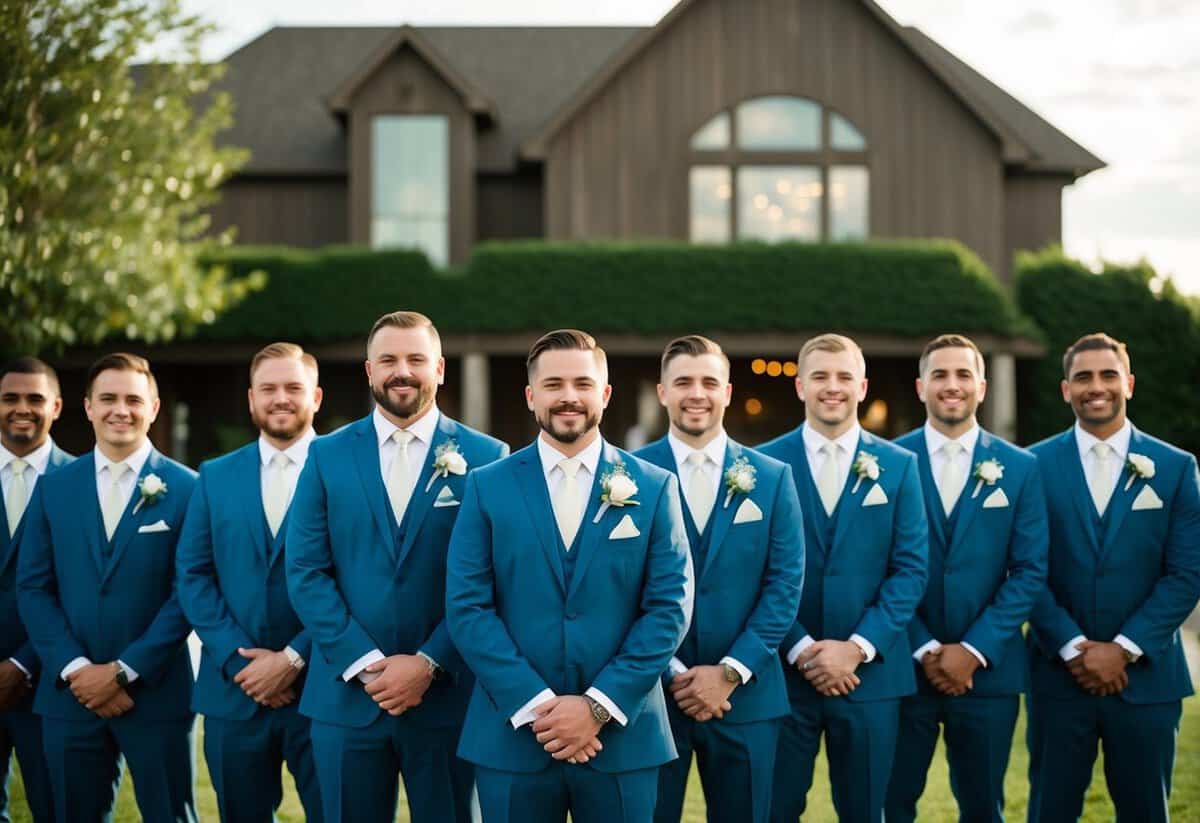A group of 12 groomsmen standing in a line, dressed in matching suits, with a wedding venue in the background