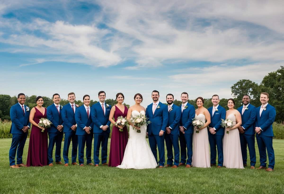 A diverse group of 12 groomsmen and bridesmaids standing in a balanced and inclusive formation, with equal representation of different genders, ages, and ethnicities