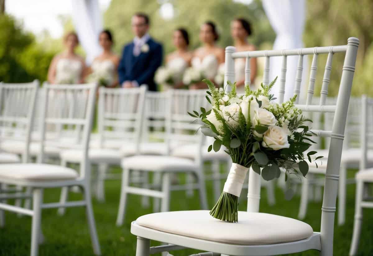A lone bouquet rests on an empty chair at the front of a wedding ceremony
