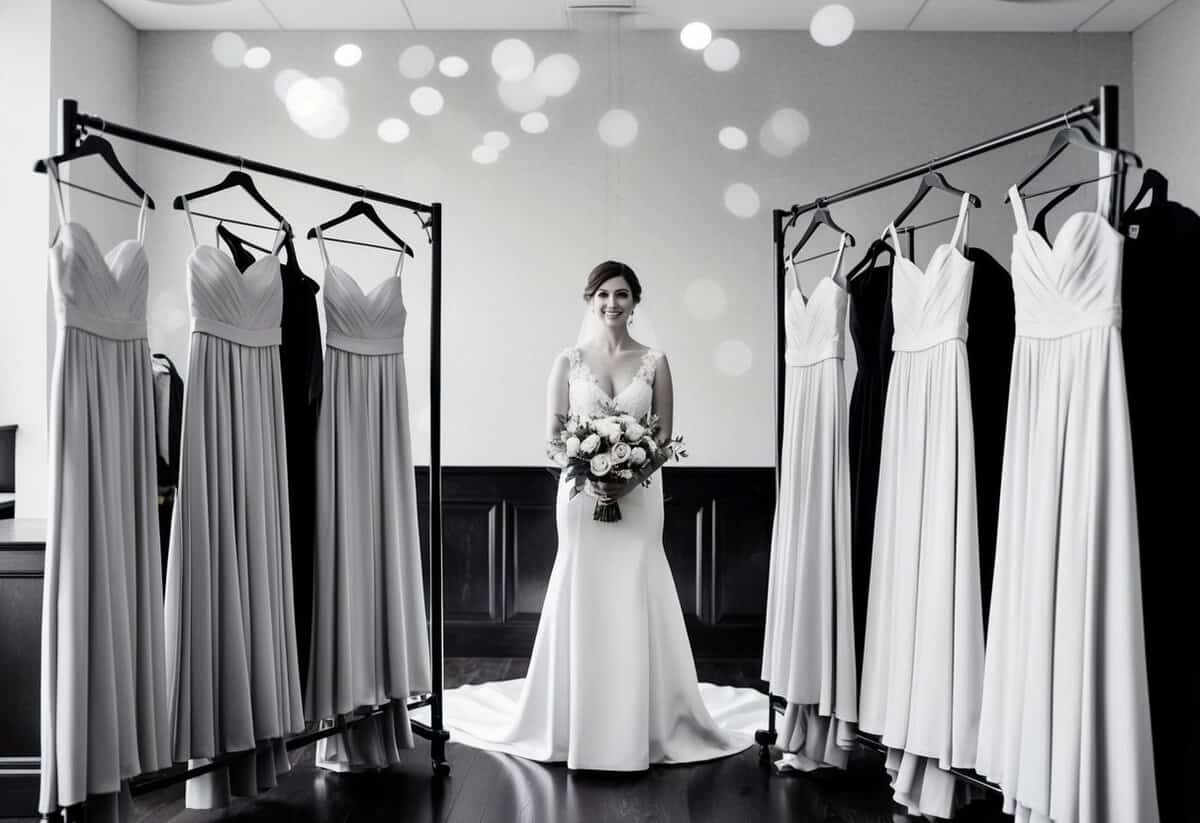 A bride standing alone at the altar, surrounded by empty bridesmaid dresses hanging on a clothing rack