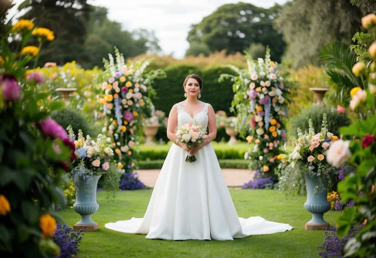 A bride stands alone in a lush garden, surrounded by colorful flowers and elegant decor. She radiates confidence and joy as she envisions her unique ceremony