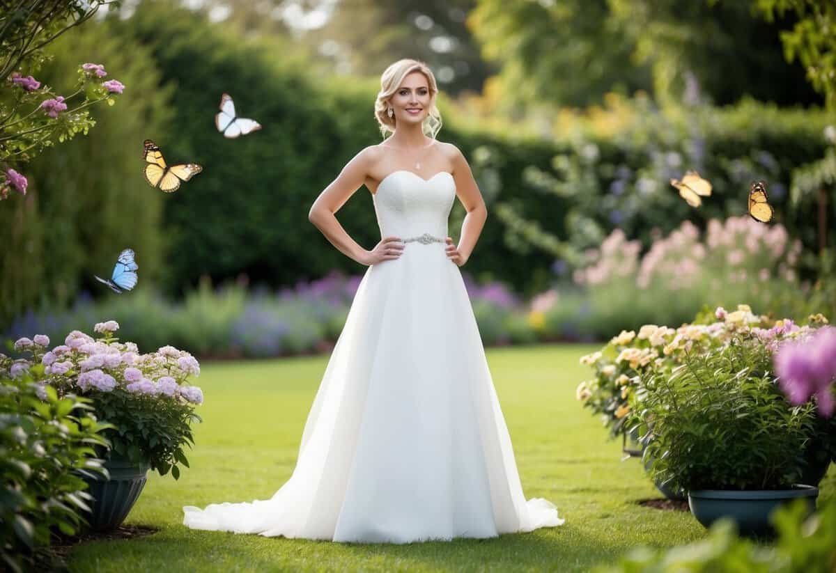 A bride standing alone in a garden, surrounded by blooming flowers and butterflies, looking confident and content
