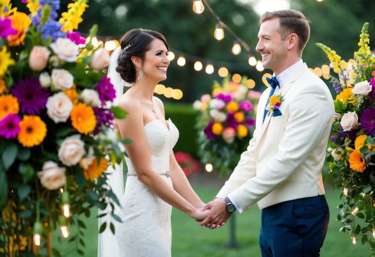 A bride and groom stand together, surrounded by colorful flowers and twinkling lights, smiling and holding hands