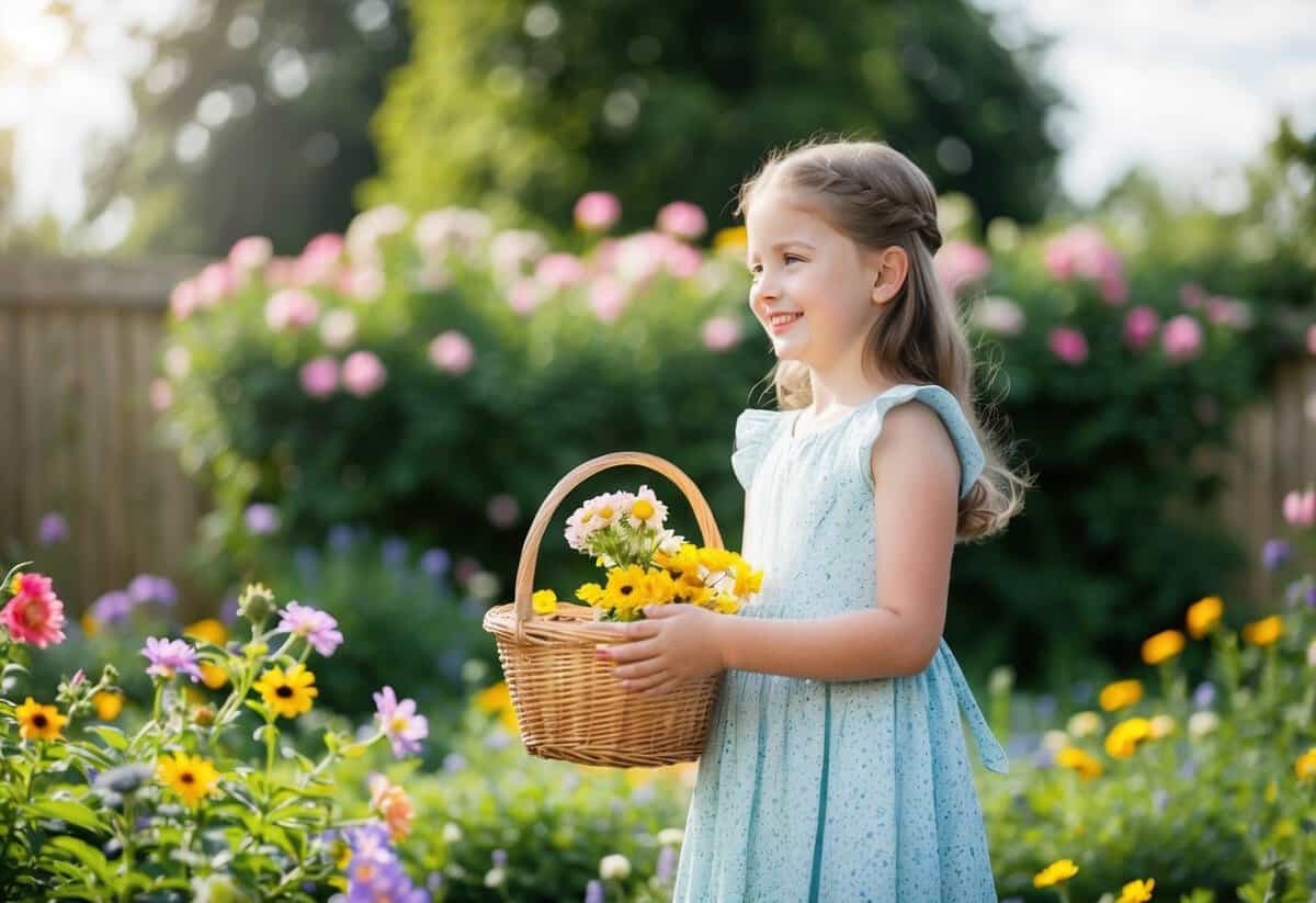 A young girl stands in a garden, holding a basket of flowers and wearing a dress. She smiles as she looks at the flowers around her