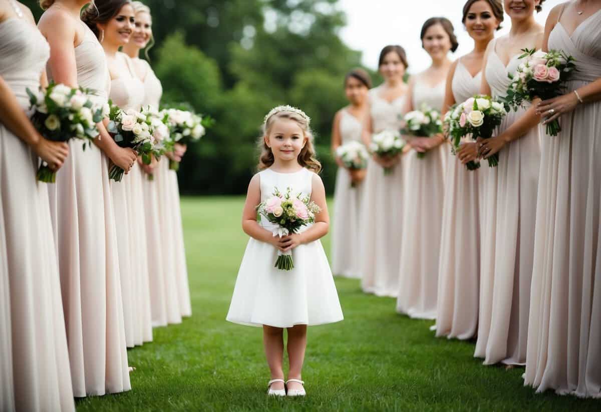 A young girl stands in a lineup of bridal party members, holding a bouquet of flowers. Her dress matches the bridesmaids', but her age suggests she may be the flower girl