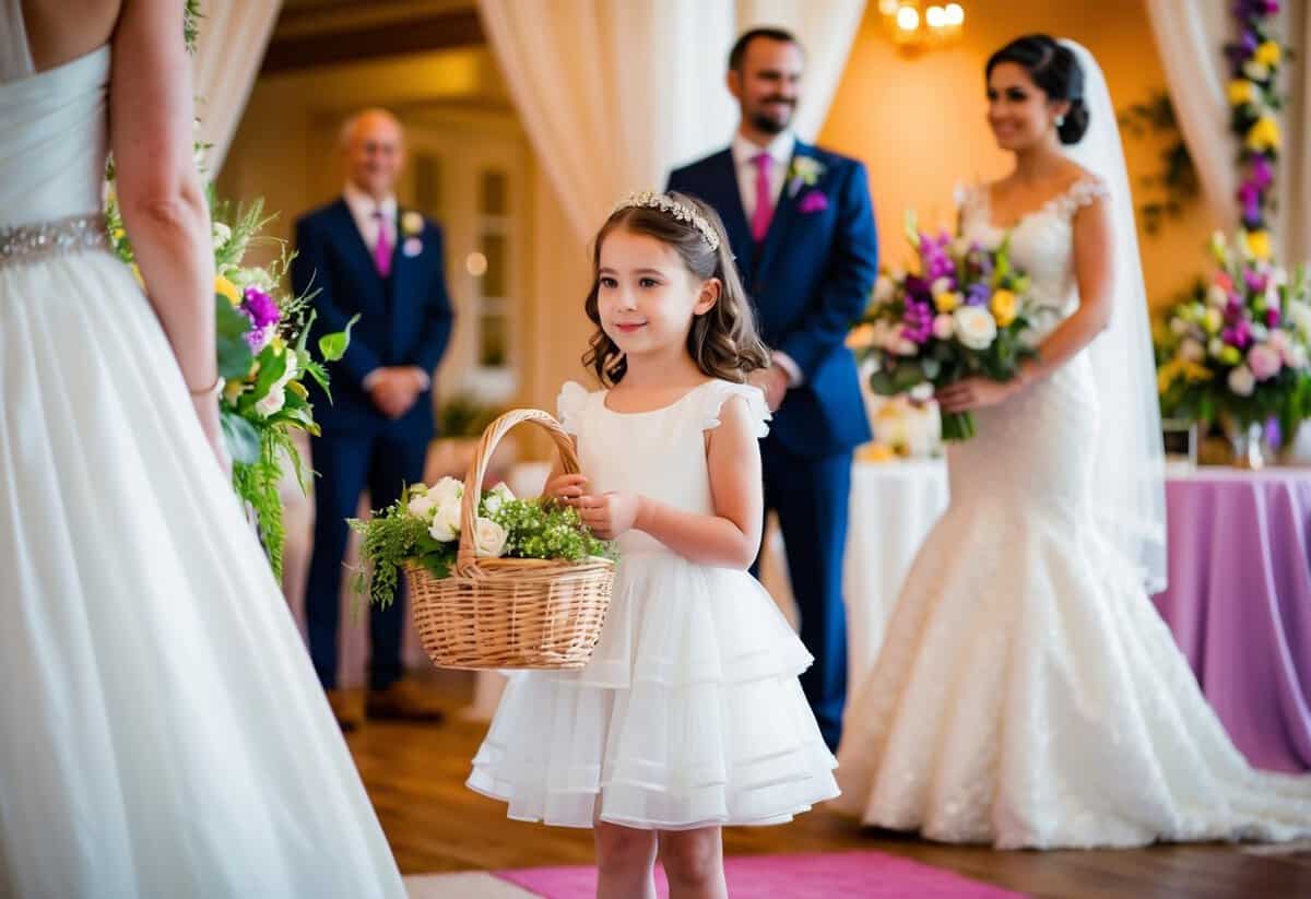 A young girl in a frilly dress holds a basket of flowers, standing near the bride. The setting is a beautifully decorated wedding venue with vibrant colors and elegant decorations