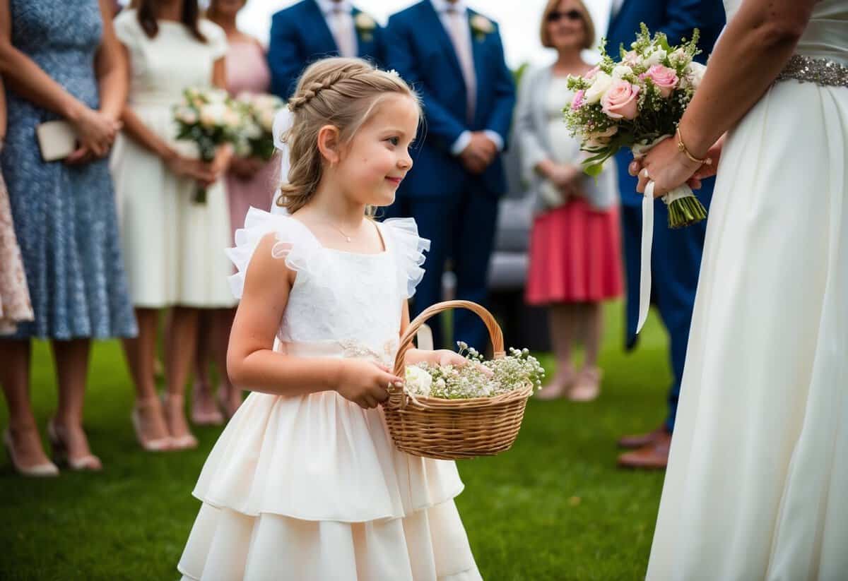 A young girl in a frilly dress holds a basket of flowers, standing near the bride at a wedding