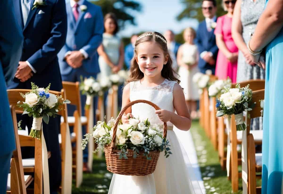 A young girl holds a basket of flowers, walking down the aisle at a wedding. The sun shines on her as she smiles