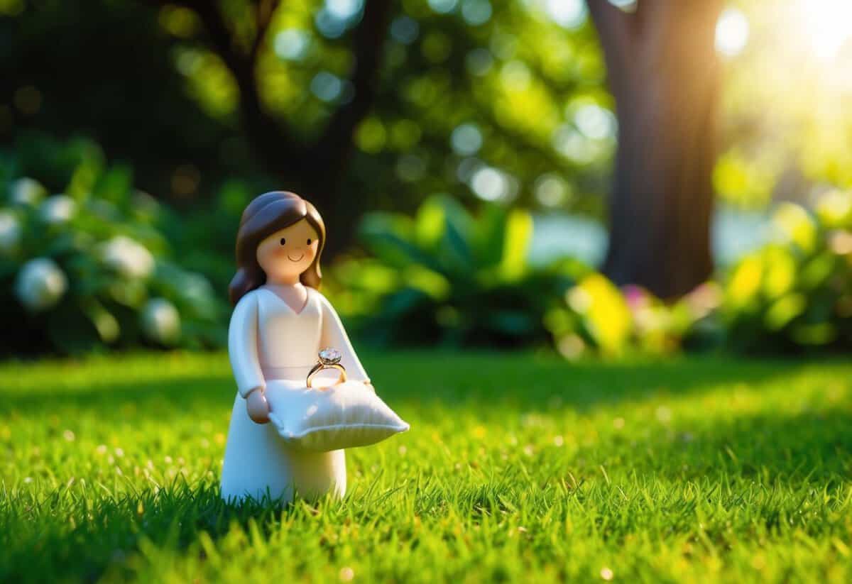 A small figure stands in a lush garden, holding a delicate pillow with a ring nestled on top. The sunlight filters through the trees, casting a warm glow on the scene