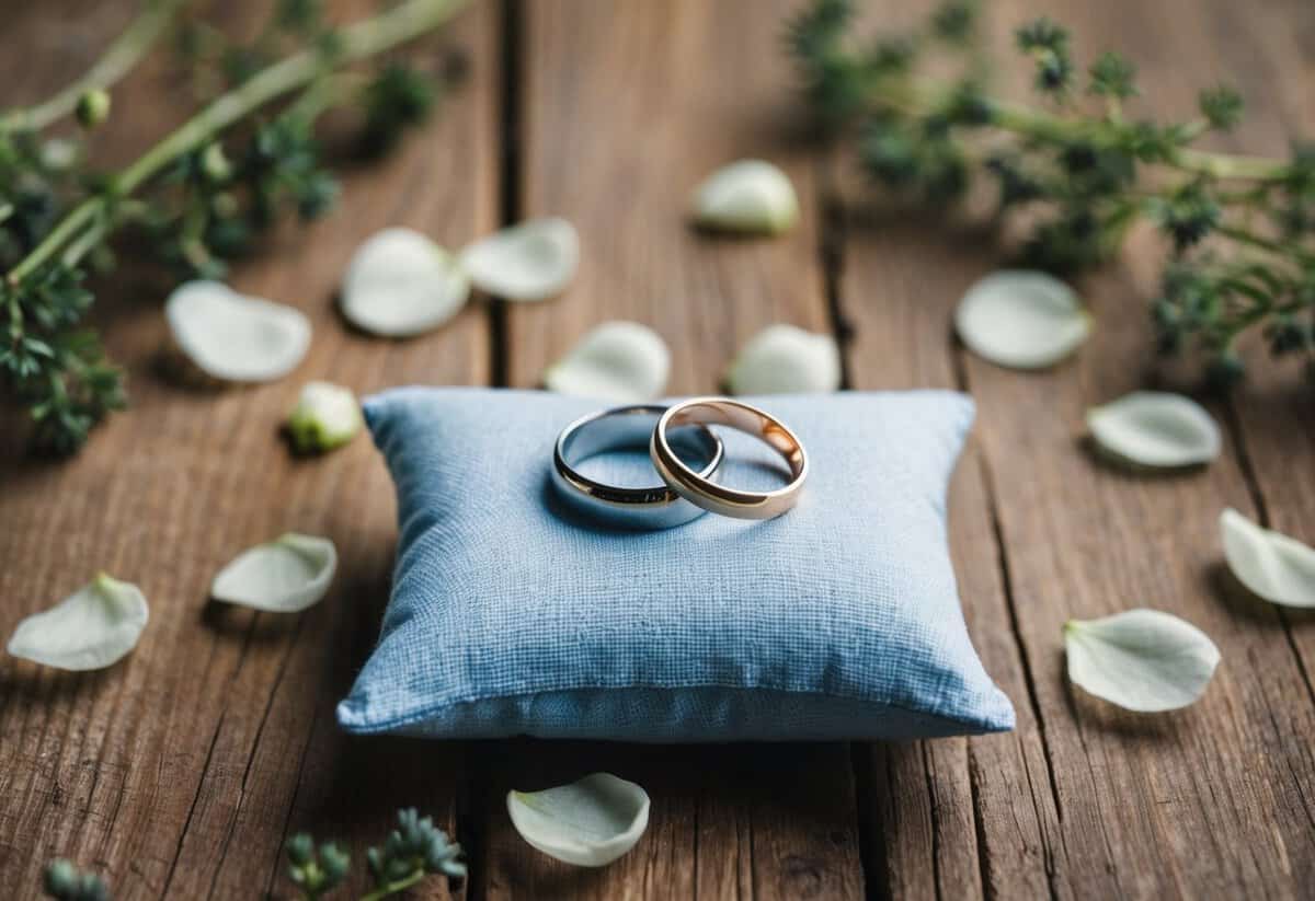 A small pillow with two rings sits on a rustic wooden table, surrounded by delicate flower petals and greenery