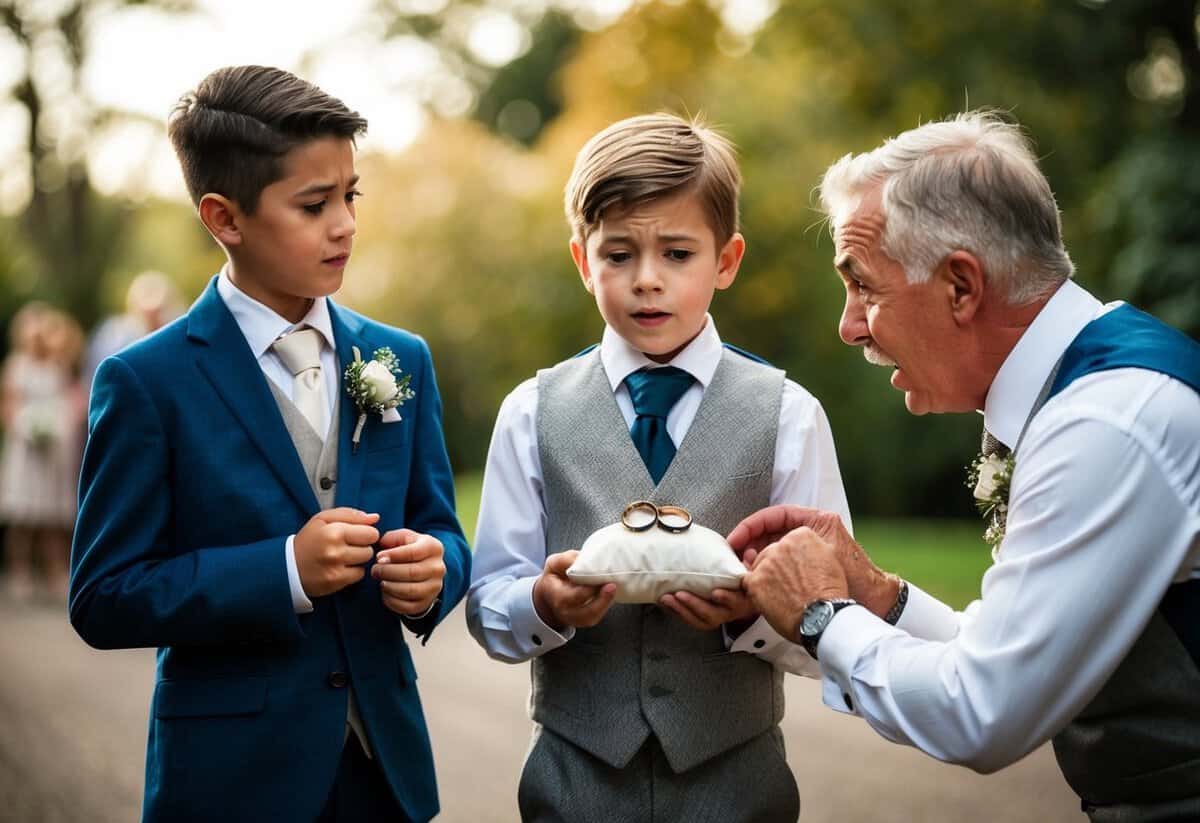 A young ring bearer stands nervously holding a small pillow with two rings tied to it, while an older figure adjusts his clothing and gives him words of encouragement