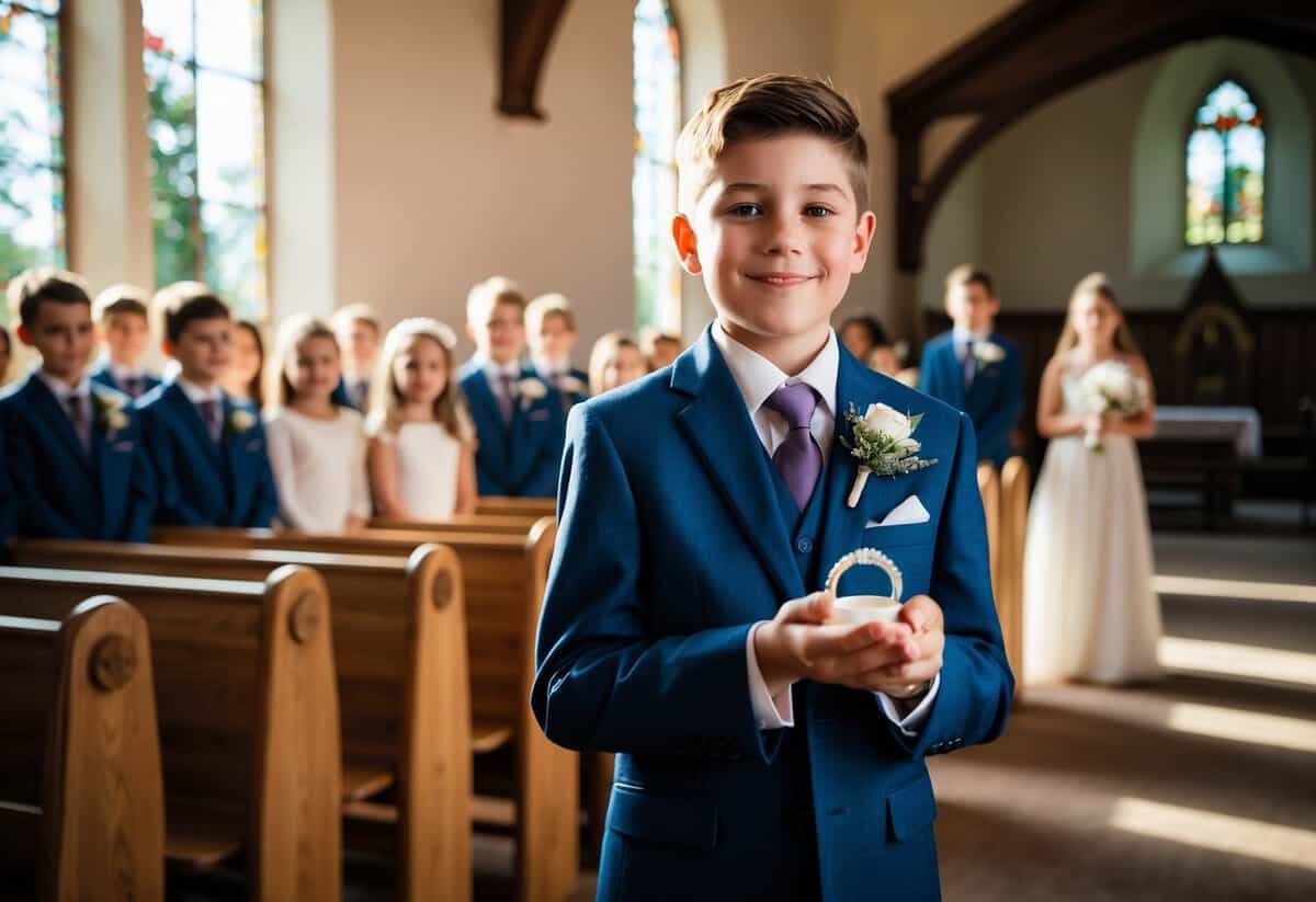 A 12-year-old boy stands proudly in a tailored suit, holding a delicate ring pillow with care and excitement. The sunlight streams through the church windows, casting a warm glow on the scene