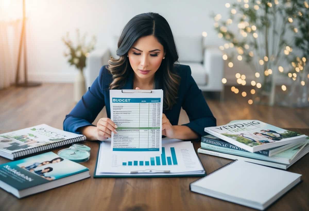 A woman reviewing a budget spreadsheet with a concerned expression, surrounded by wedding magazines and a wedding planning book