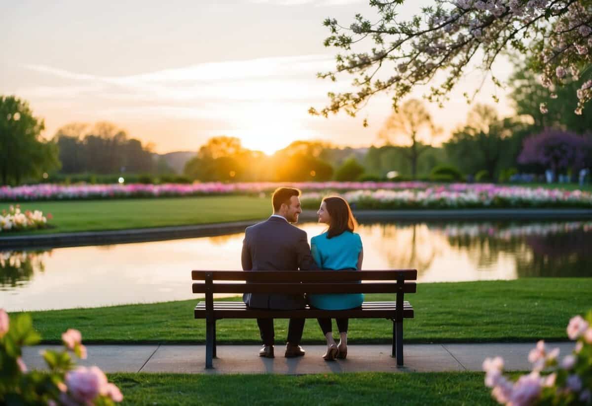 A couple sitting on a park bench, surrounded by blooming flowers and a tranquil pond, as the sun sets behind them