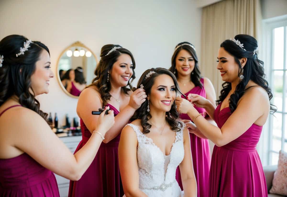 Bridesmaids helping each other with hair and makeup before the bride gets ready