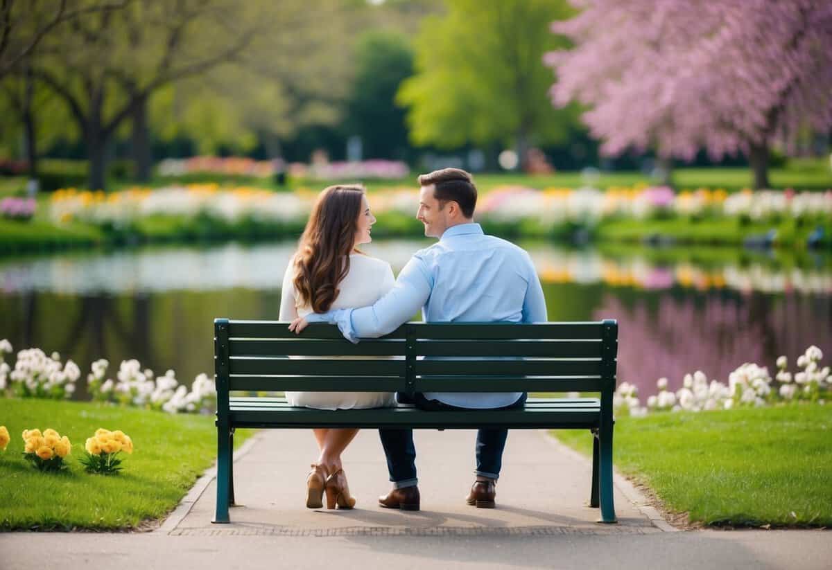 A couple sitting on a park bench, surrounded by blooming flowers and a serene pond, discussing their future together