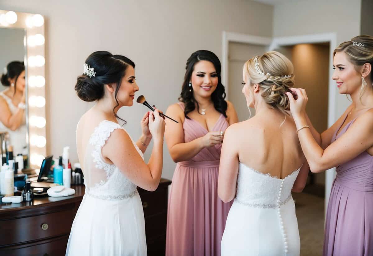 Bride and bridesmaids prep together, applying makeup and fixing hair