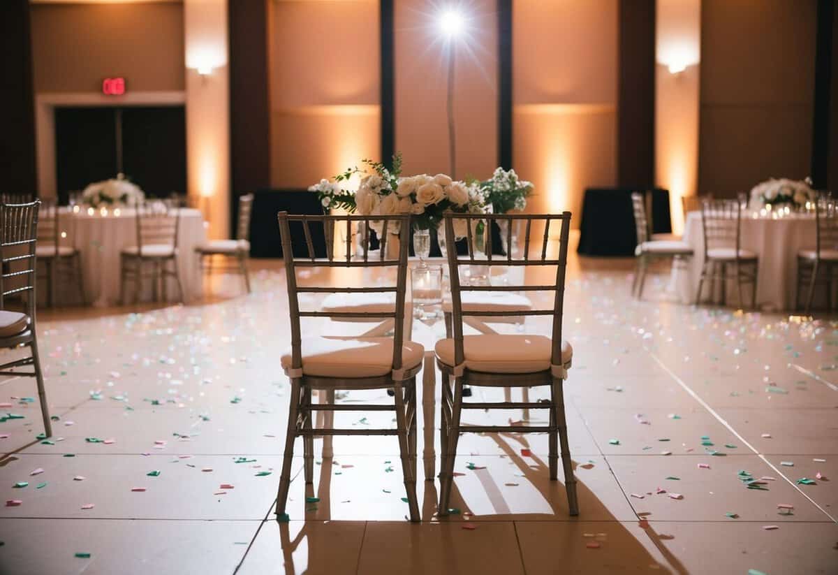 A dimly lit wedding reception hall with empty chairs and scattered confetti