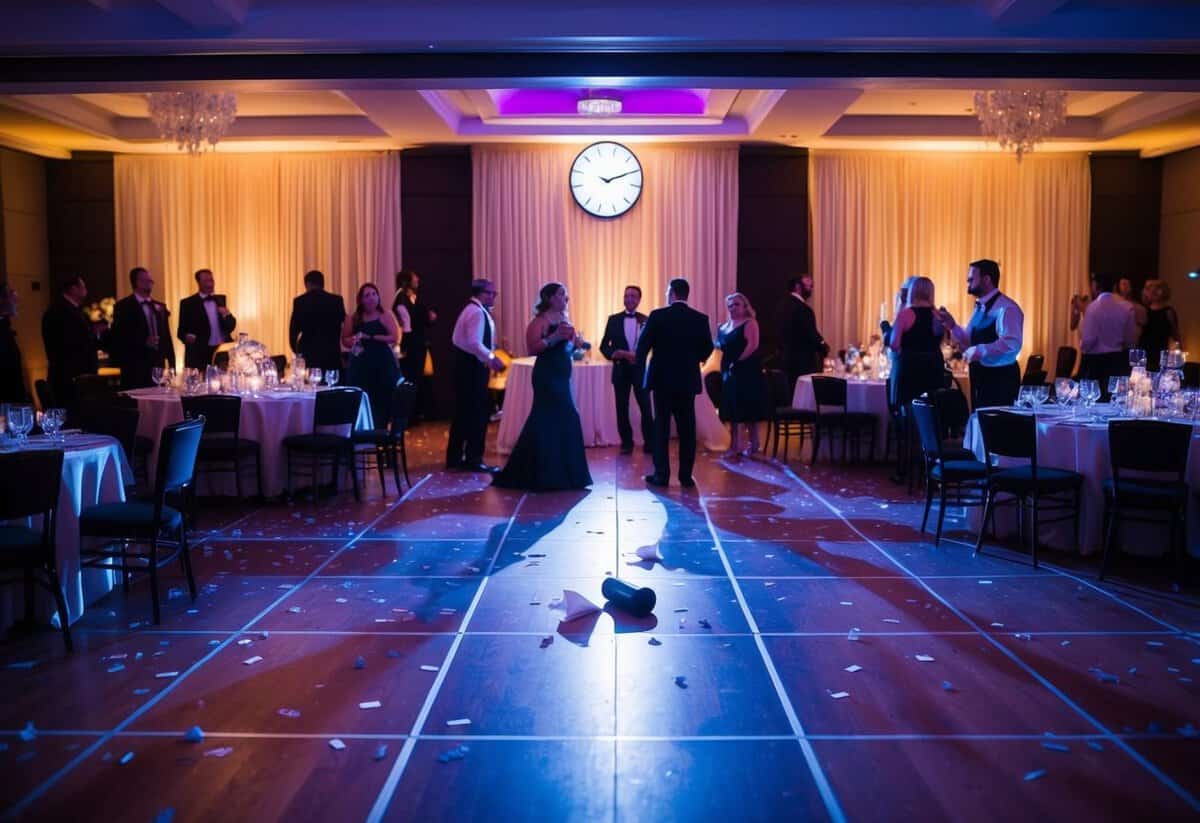 The clock strikes 11pm, casting a soft glow over the empty dance floor. Tables are littered with half-empty glasses and discarded napkins, while the last few guests linger near the exit, signaling the end of a joyous celebration