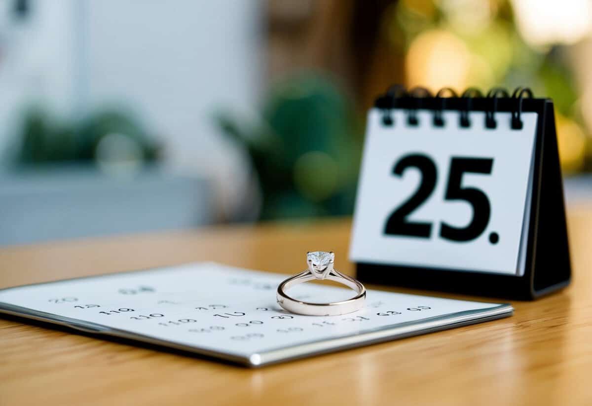 A wedding ring placed on a table next to a calendar showing the date "25."