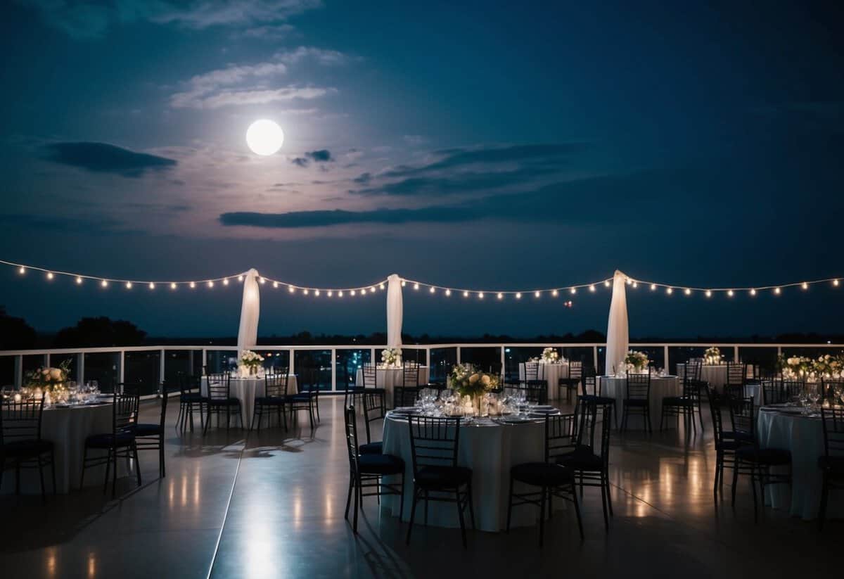 The moonlit wedding venue with empty chairs and tables, a darkened dance floor, and a quiet, serene atmosphere at 11pm