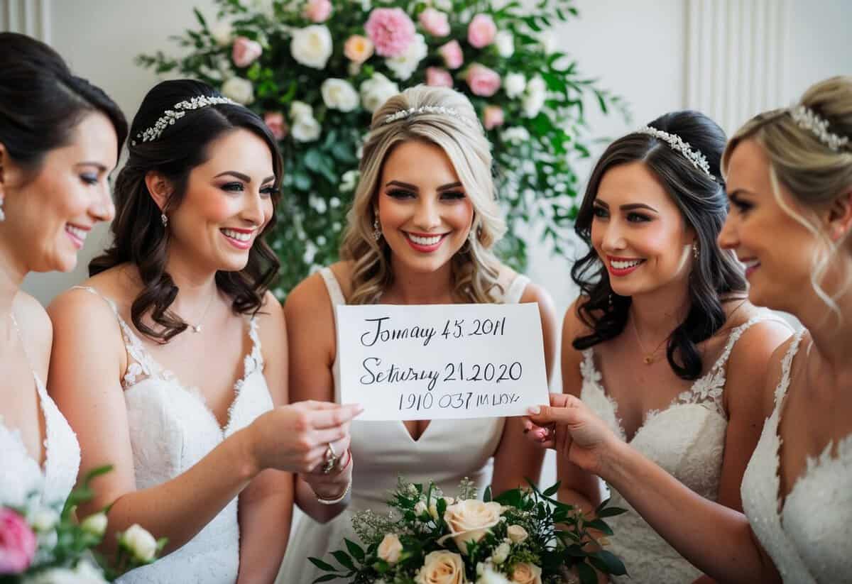 Bridesmaids receiving a handwritten note with a date and time, surrounded by floral decorations and wedding details