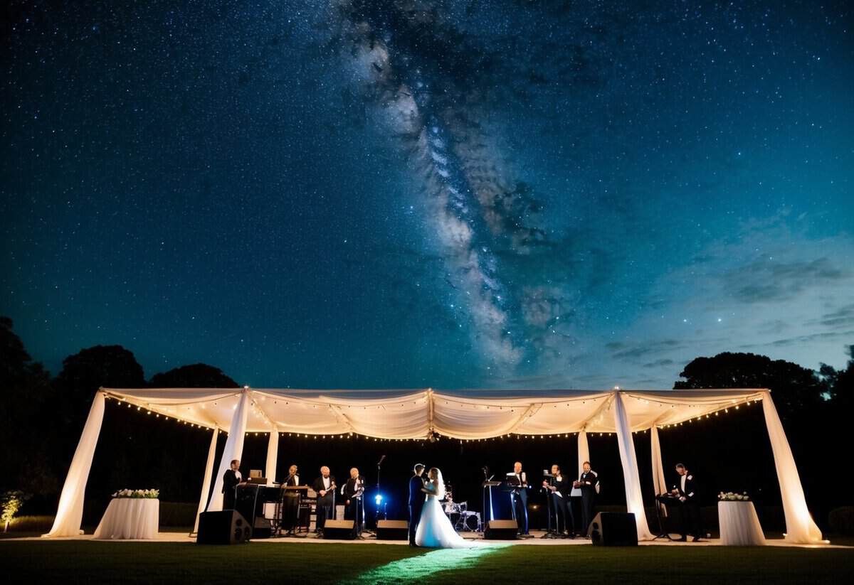 A starry night sky over a grand outdoor wedding venue, with twinkling lights and a live band playing on a stage